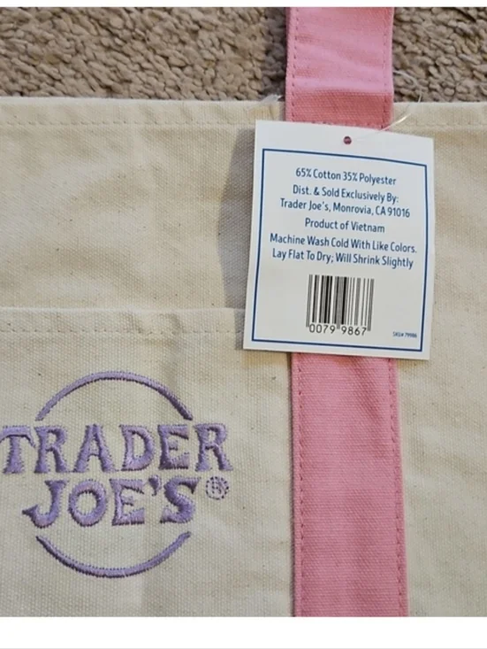 New Trader Joe's Pink & Cream Mini Canvas Tote Bag - Picture 2 of 3